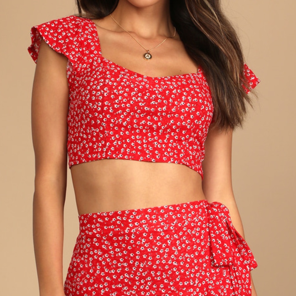 Lulus Flourishing Moments Red Floral Print Tie-back Crop Top - Size S